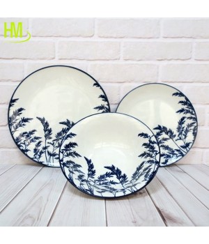 2023 newest Customized Ceramic blue Kitchen Tableware Plates leaves Shape printing Dish Wedding Plates