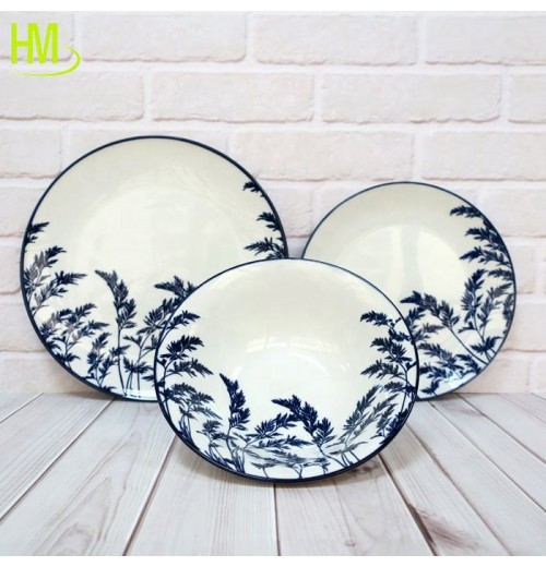 2023 newest Customized Ceramic blue Kitchen Tableware Plates leaves Shape printing Dish Wedding Plates