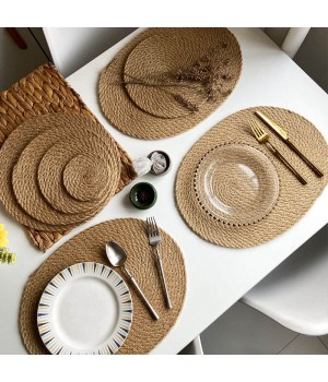 Vintage Handwoven Brown Large Straw Braided Brown Jute Round Woven Set Water Rattan Placemat For Decoration Tables