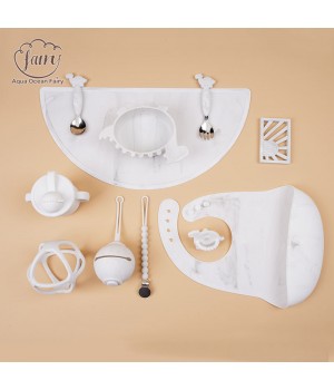 New Food Grade Baby Bibs Placemat Plate Bowls Fork And Spoon Set Baby Infant Silicone Tableware Feeding Set With Sippy Cup